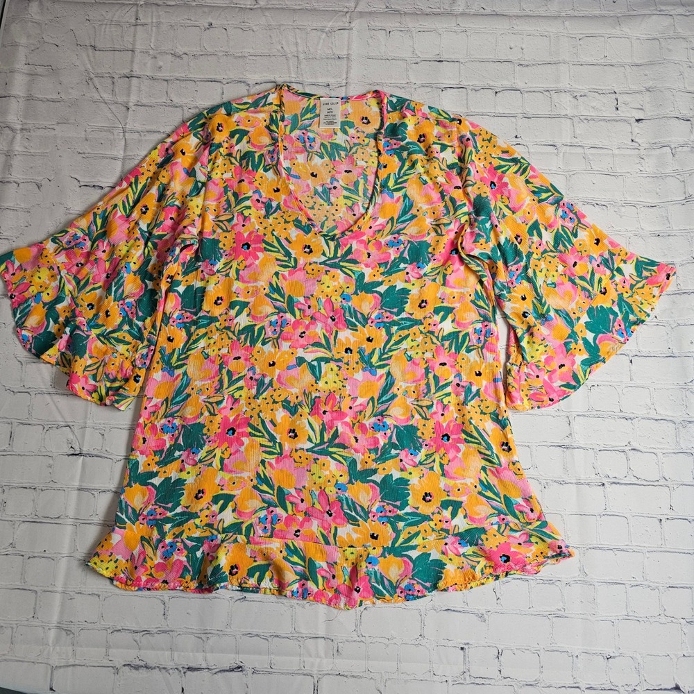 Anne Cole Floral Swim Cover Up Tunic Bell Sleeve V-Neck Multi-Color M/L